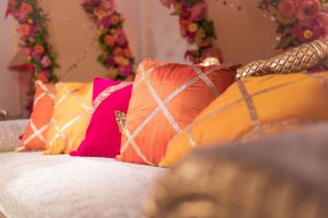 Bright cushions at Orchid events styled Mehndi at Mandarin Oriental Hyde Park London